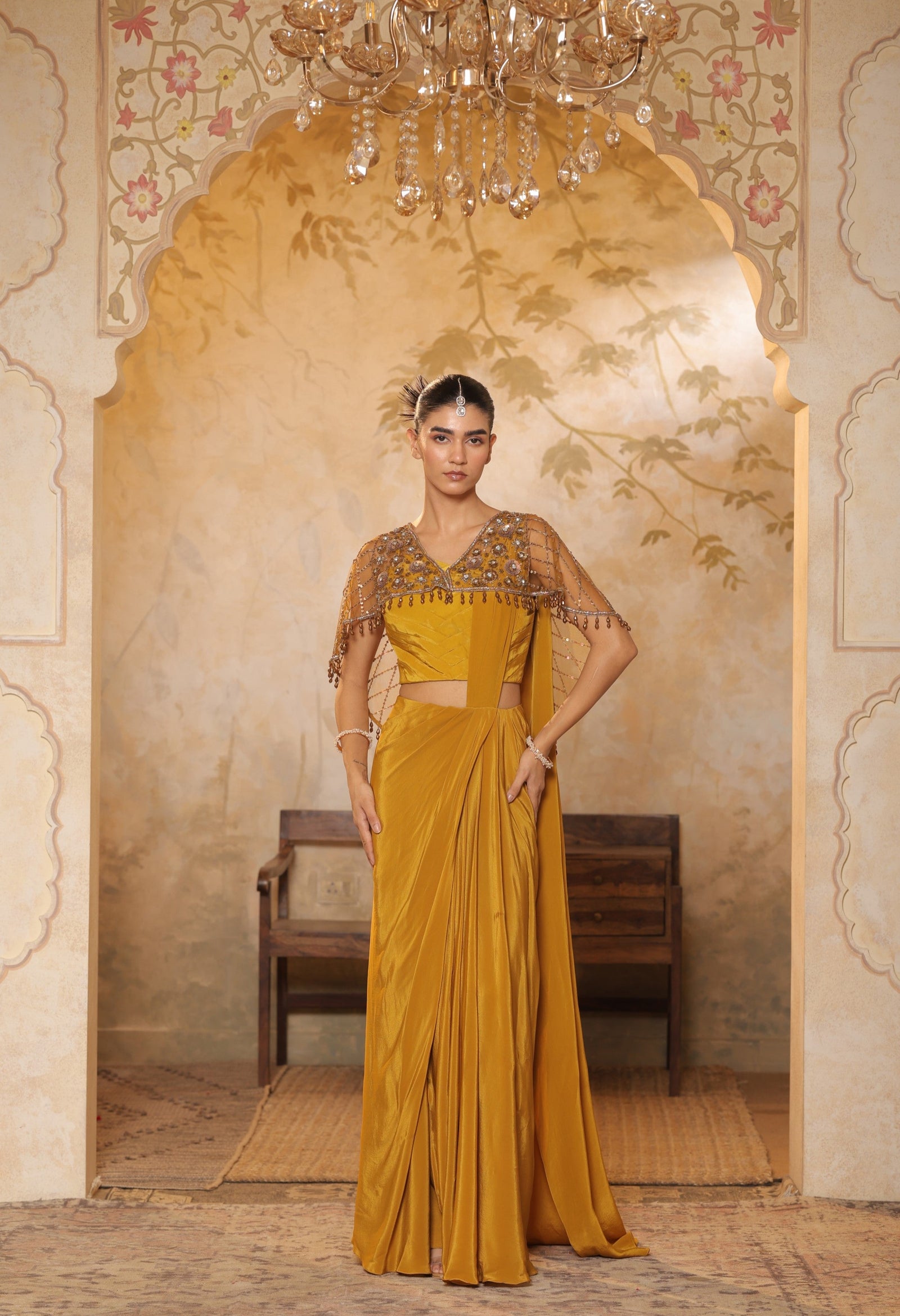 Golden Yellow Crepe Saree with Designer Cape - Premium Haldi Wear