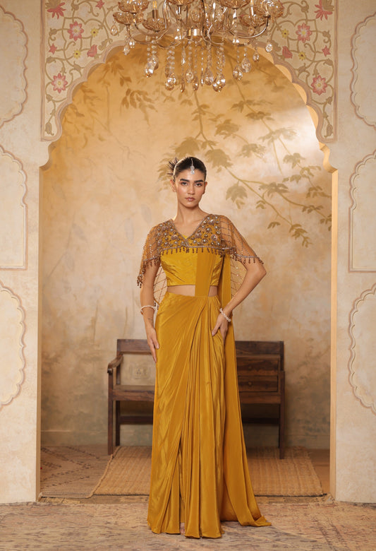 Golden Yellow Crepe Saree with Designer Cape - Premium Haldi Wear