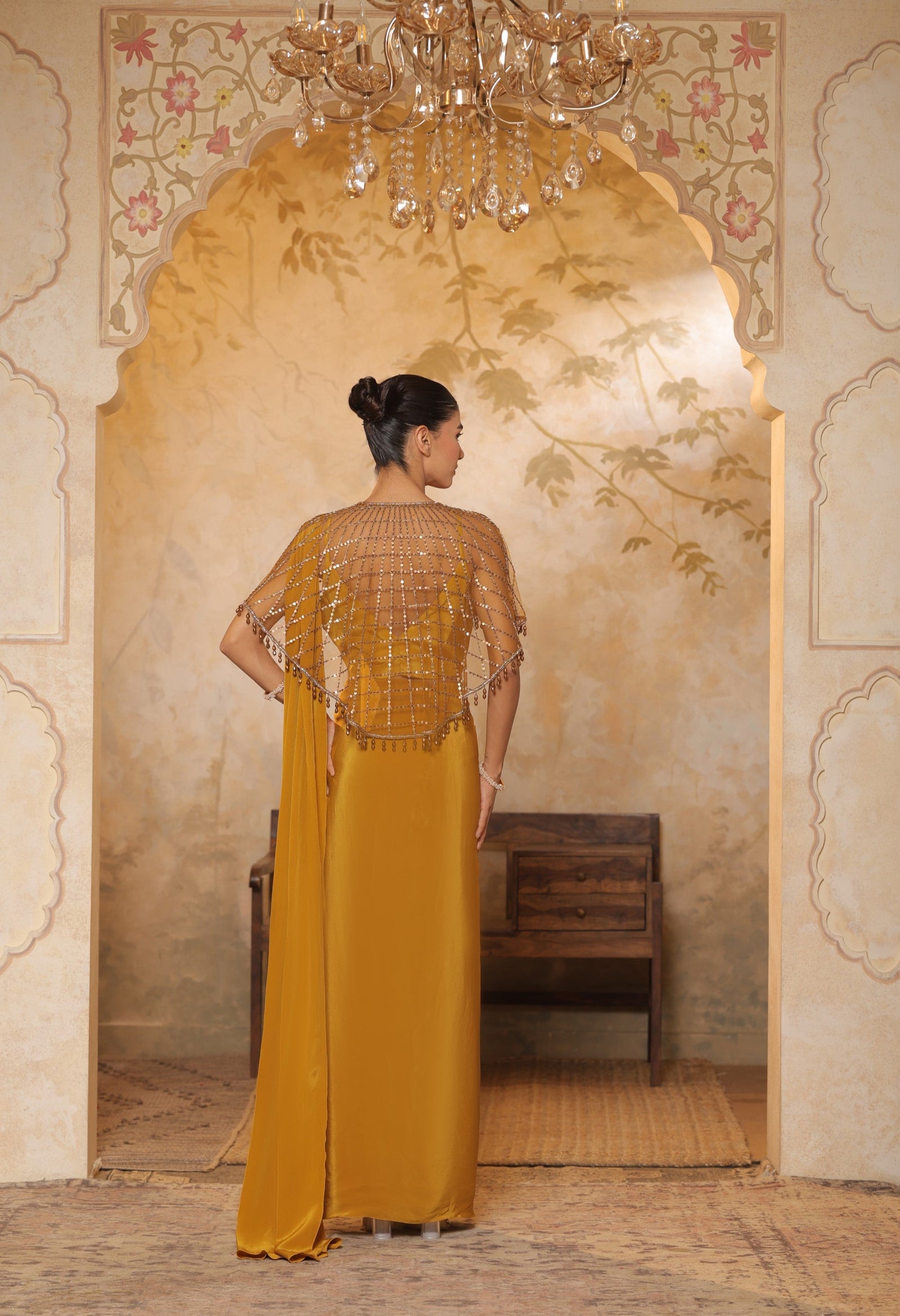 Golden Yellow Crepe Saree with Designer Cape - Premium Haldi Wear