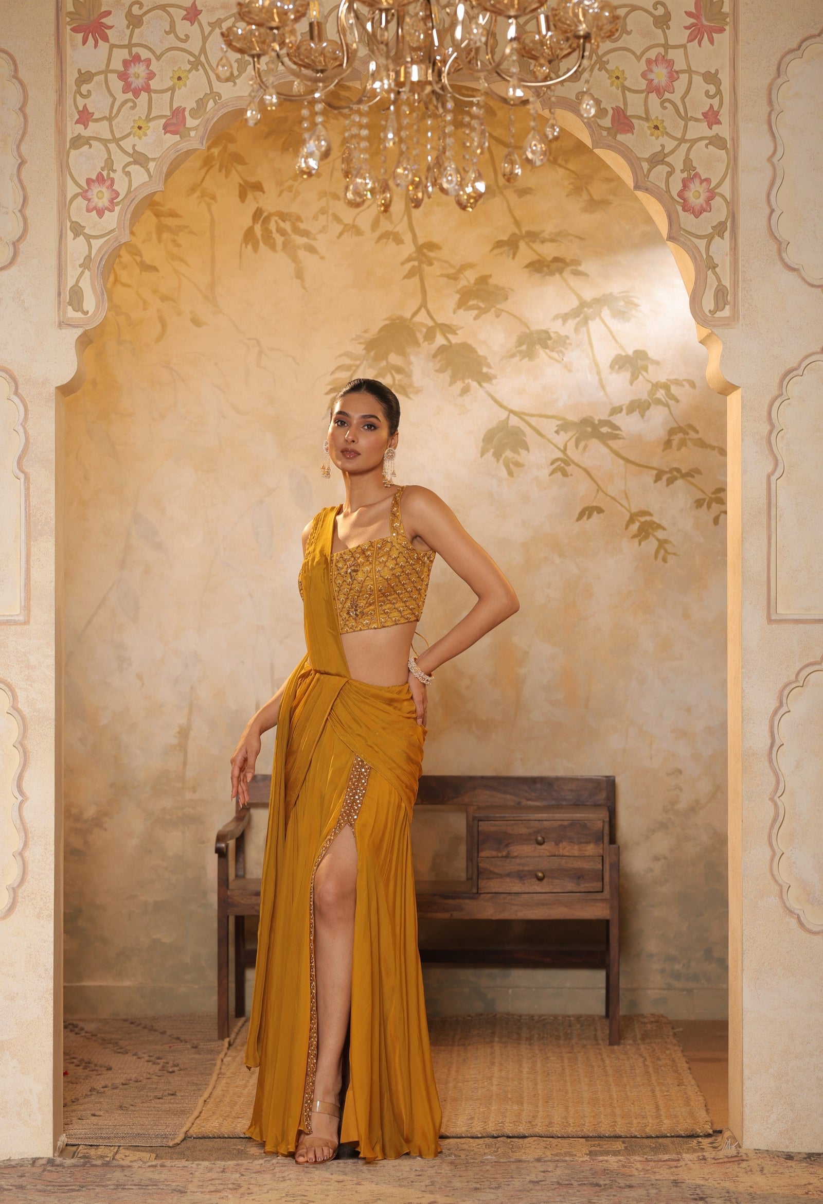 Golden Yellow Chiffon Embroidered Saree - Elegant Traditional Wear