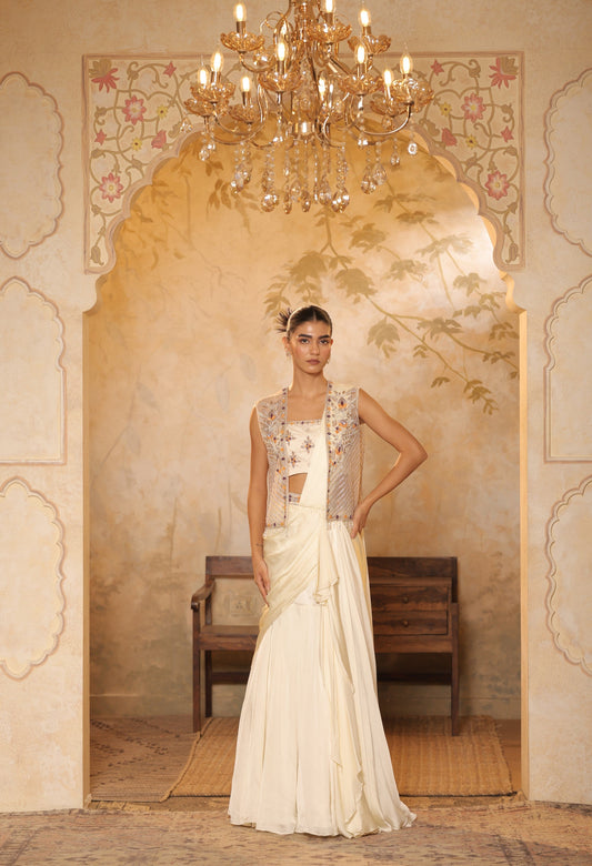 Woman in traditional outfit standing in an ornate room with a chandelier.