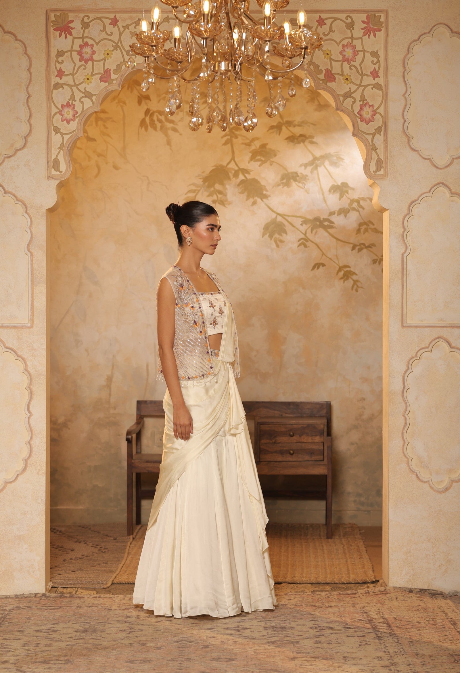 Ivory Georgette Saree with Embroidered Cape - Designer Wedding Wear