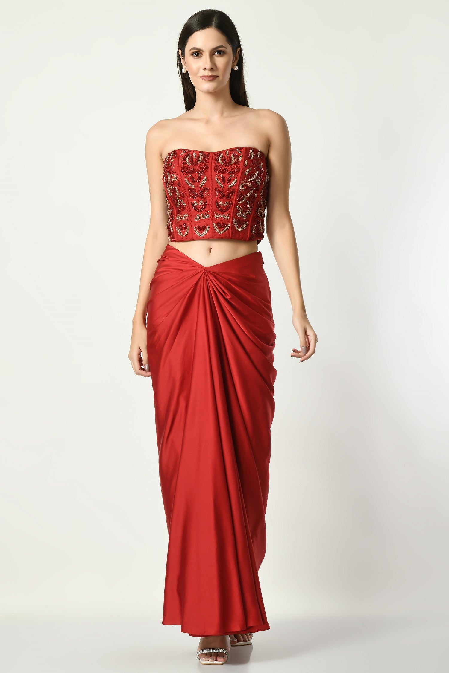 Scarlet Red Satin Draped Skirt Set for Women (Size - XS) at Label Sunanta Madaan Scarlet Red Satin Draped Skirt Set for Women (Size - XS) at Label Sunanta Madaan