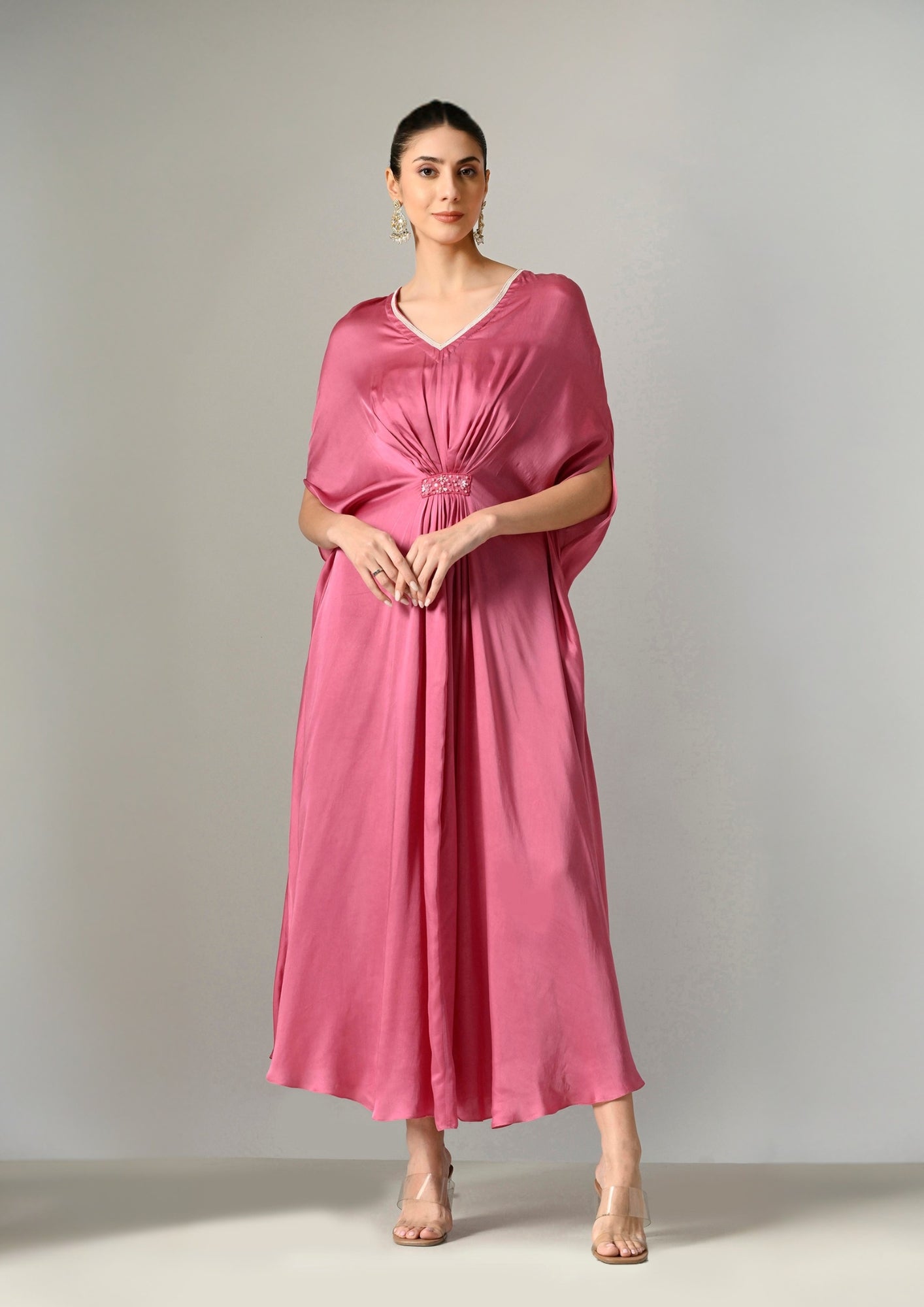 Indo-western satin kaftan dress in mauve for sophisticated styling, Designer luxury kaftan dress in mauve – perfect for resort wear, Birthday dress for women, Indo western dress for women, Indo western dress for women, deepika padukone kafan dress
