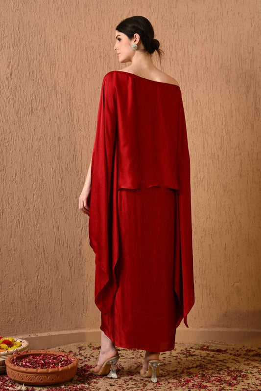 Luxurious satin georgette red kaftan dress for stylish wedding guests, Chic red party dress with draped skirt in satin georgette fabric, Women's flattering red kaftan dress with draped skirt for evening gatherings,