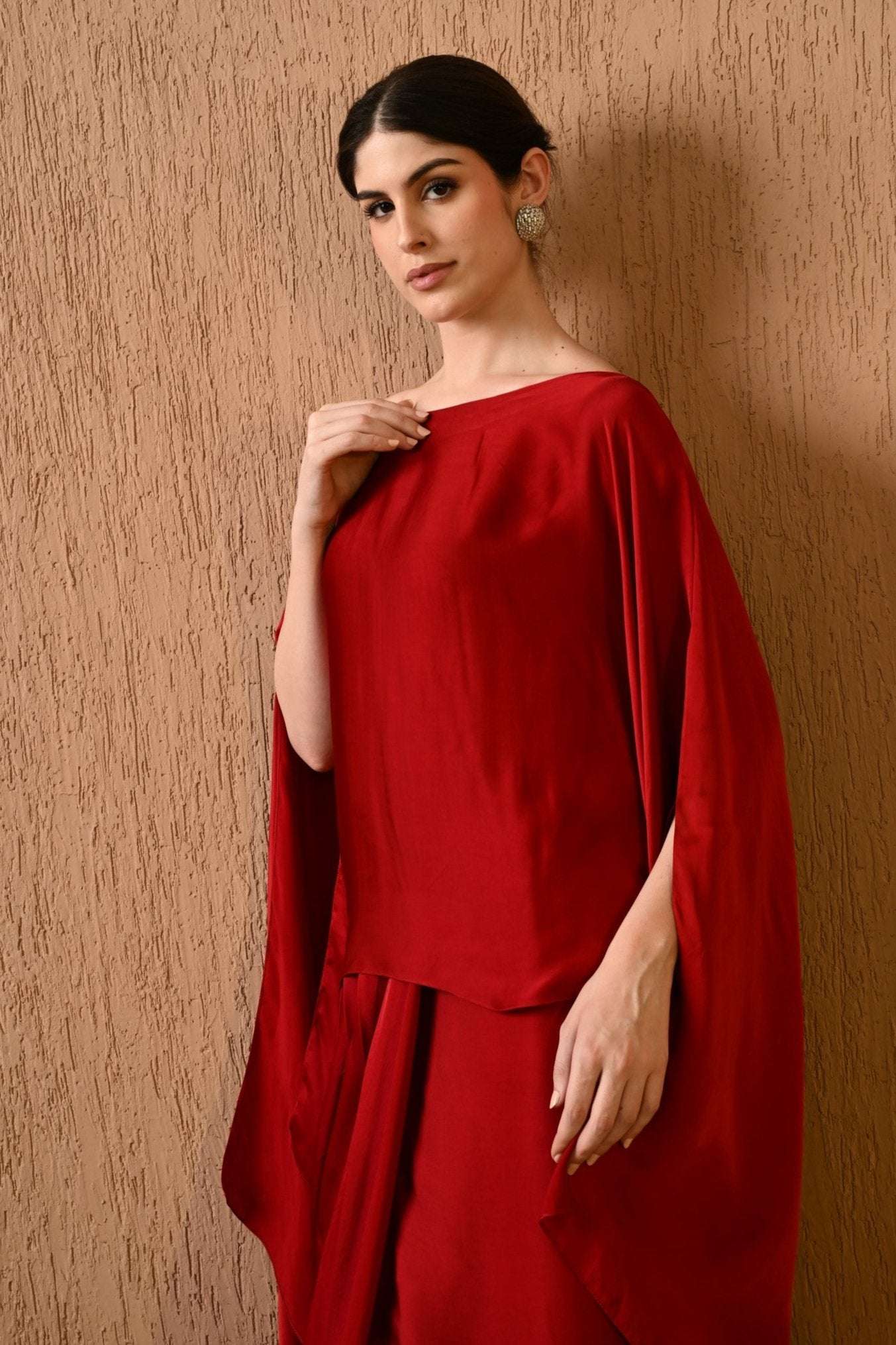 Women's red satin georgette kaftan dress for glamorous weddings and evening events, Womens kaftan dress for women by Sunanta Madaan for sale at discount