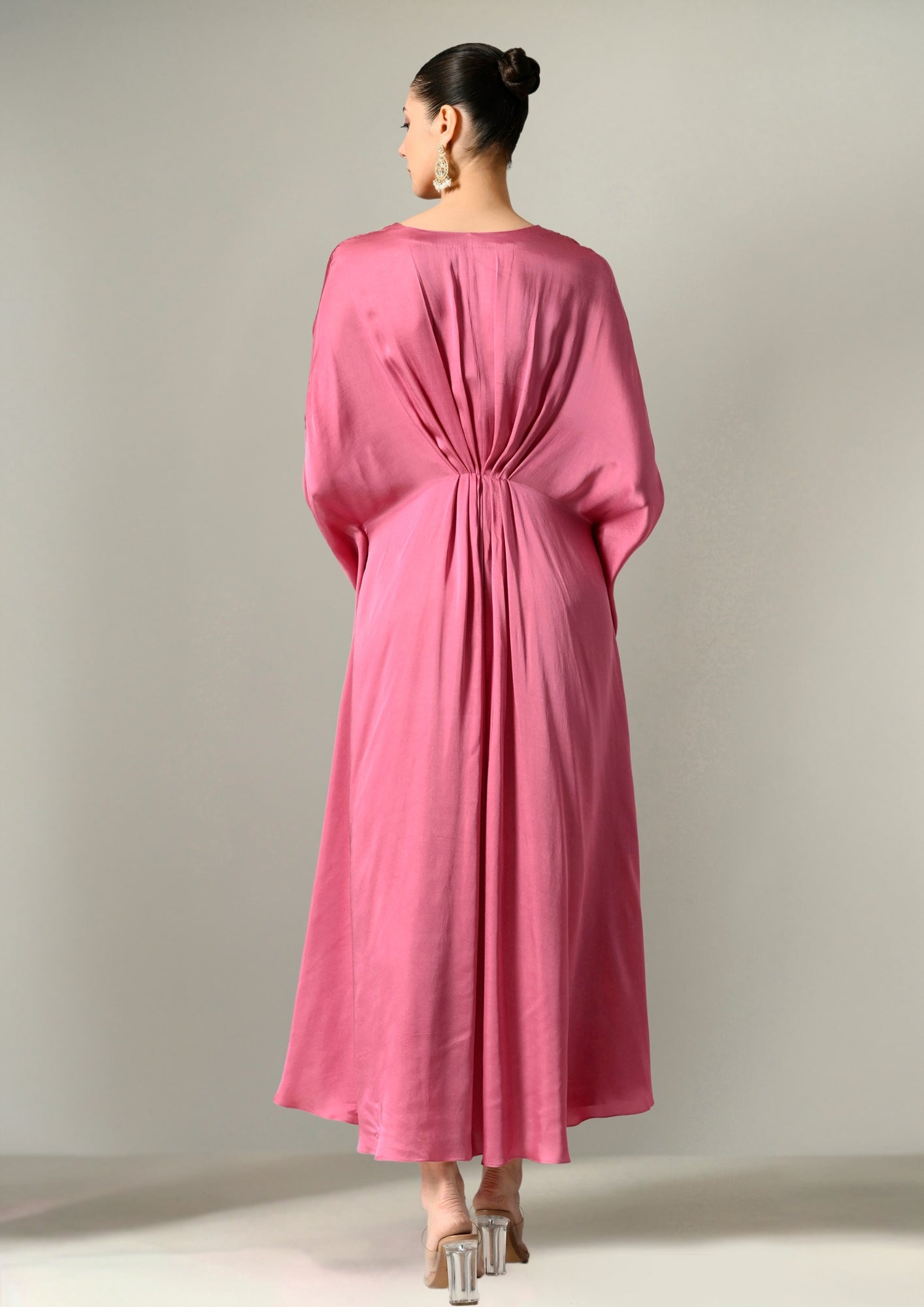 Trending satin kaftan dress in mauve for special occasions, Party-perfect mauve satin kaftan dress with premium embroidery, Indo-western satin kaftan dress in mauve for sophisticated styling, deepika padukone kafan dress