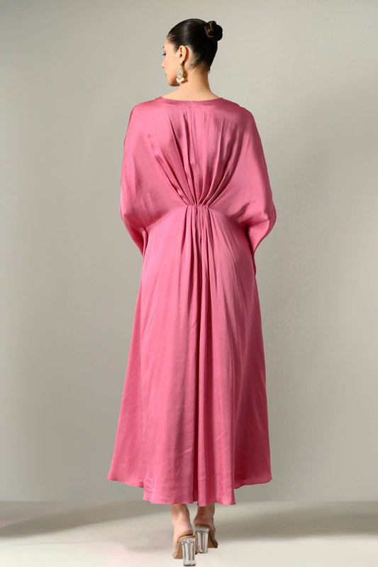 Trending satin kaftan dress in mauve for special occasions, Party-perfect mauve satin kaftan dress with premium embroidery, Indo-western satin kaftan dress in mauve for sophisticated styling, deepika padukone kafan dress