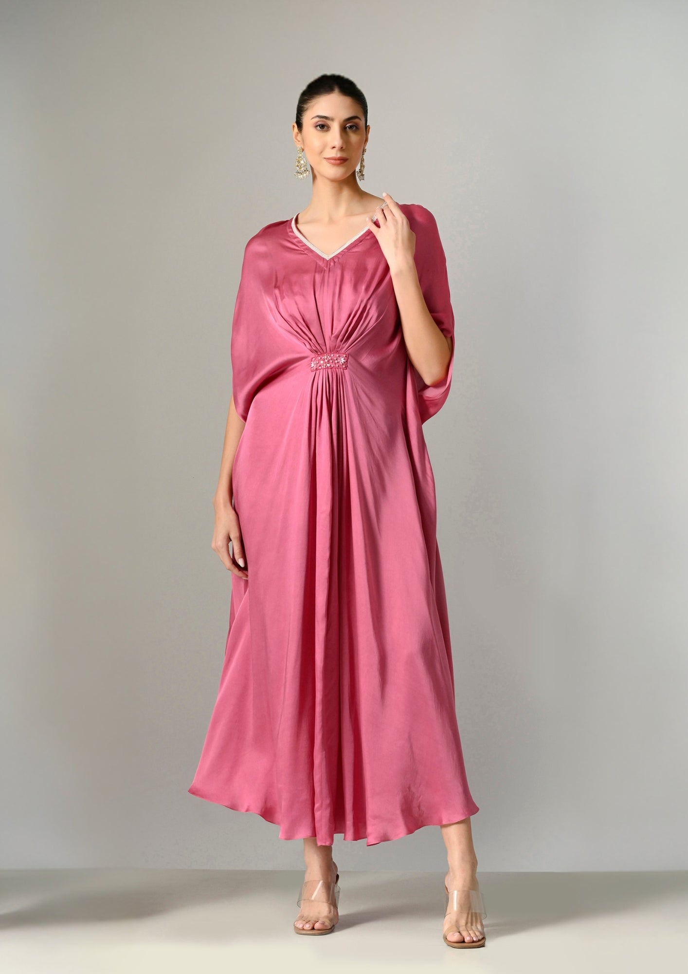 Designer mauve kaftan dress for women, perfect for weddings and parties, Wedding guest outfit – mauve kaftan dress with a stylish drape, Trendy satin kaftan dress in mauve for evening parties. deepika padukone kafan dress
