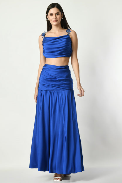 Lahaina Blue Crepe Satin Embroidered Top Draped Skirt Set