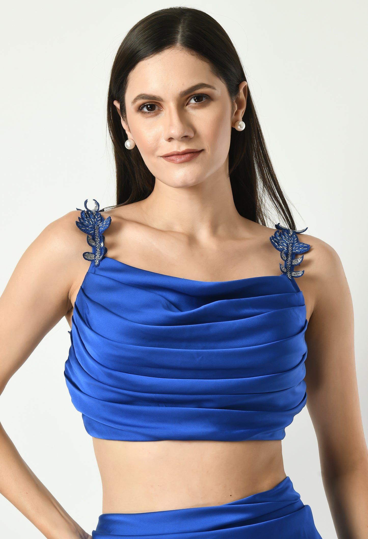 Lahaina Blue Crepe Satin Embroidered Top Draped Skirt Set