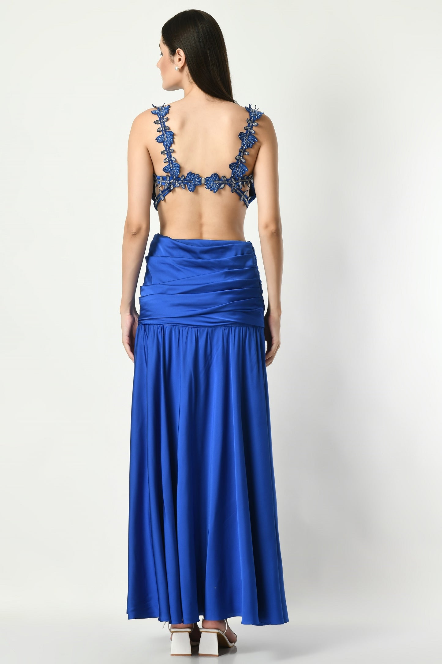 Lahaina Blue Crepe Satin Embroidered Top Draped Skirt Set