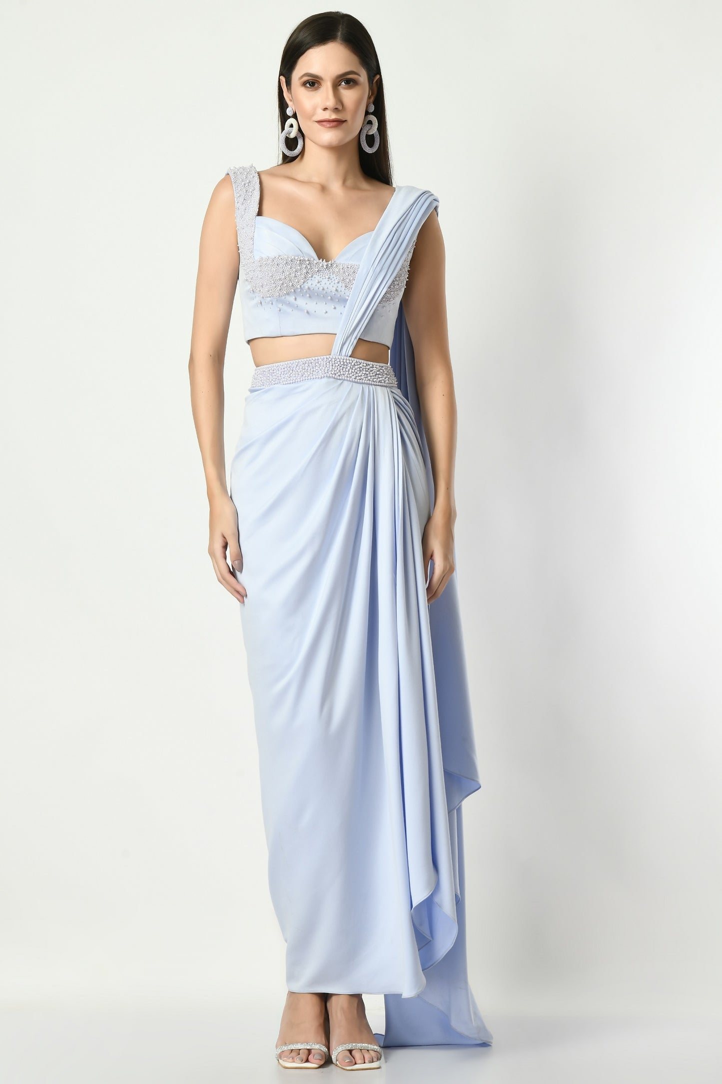 Gordes Blue Satin Hand Embroidered Pre Draped Saree Skirt