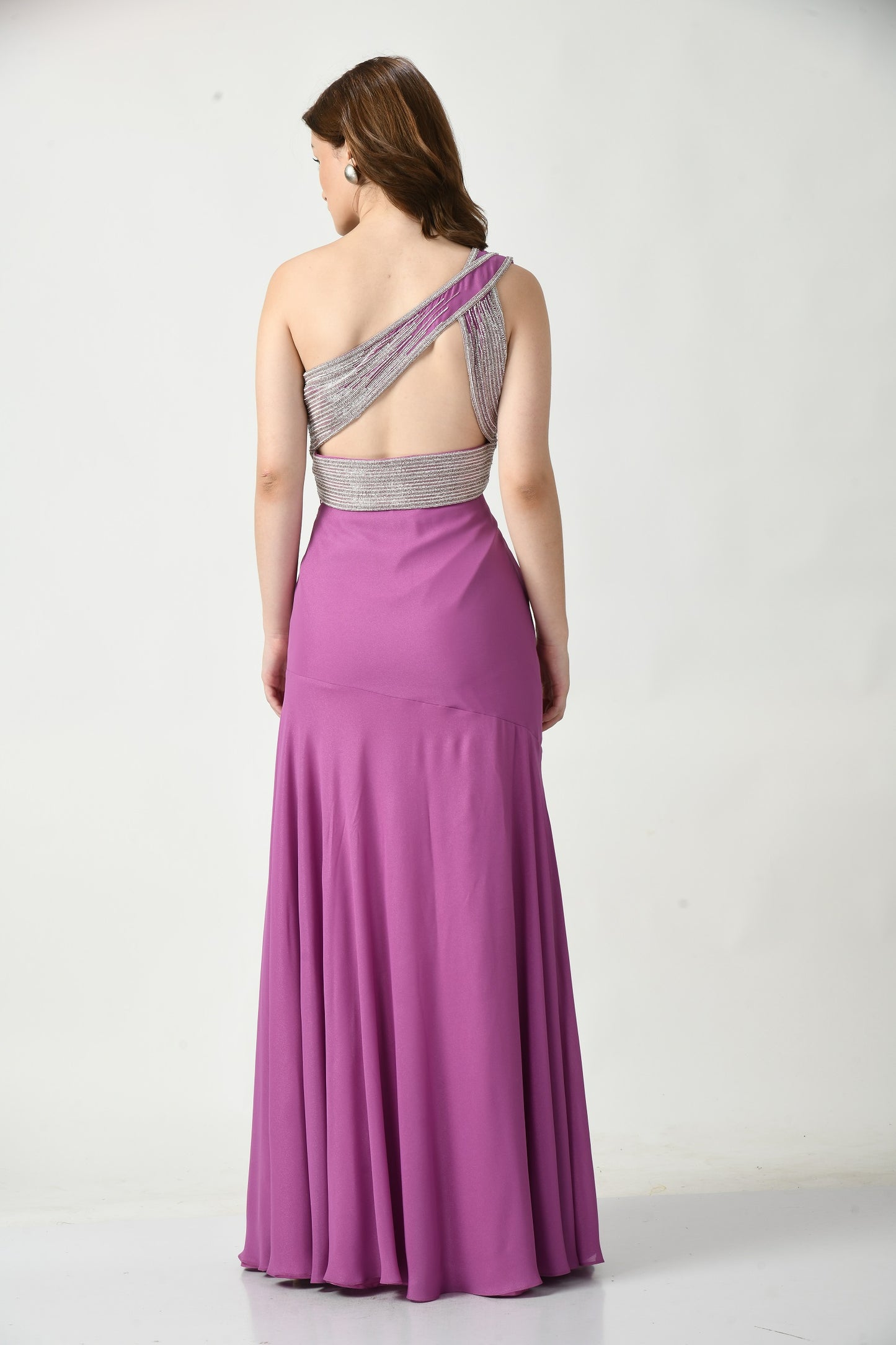 Cambria Mauve Satin Crepe One Shoulder Gown