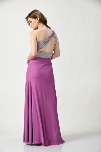 Cambria Mauve Satin Crepe One Shoulder Gown