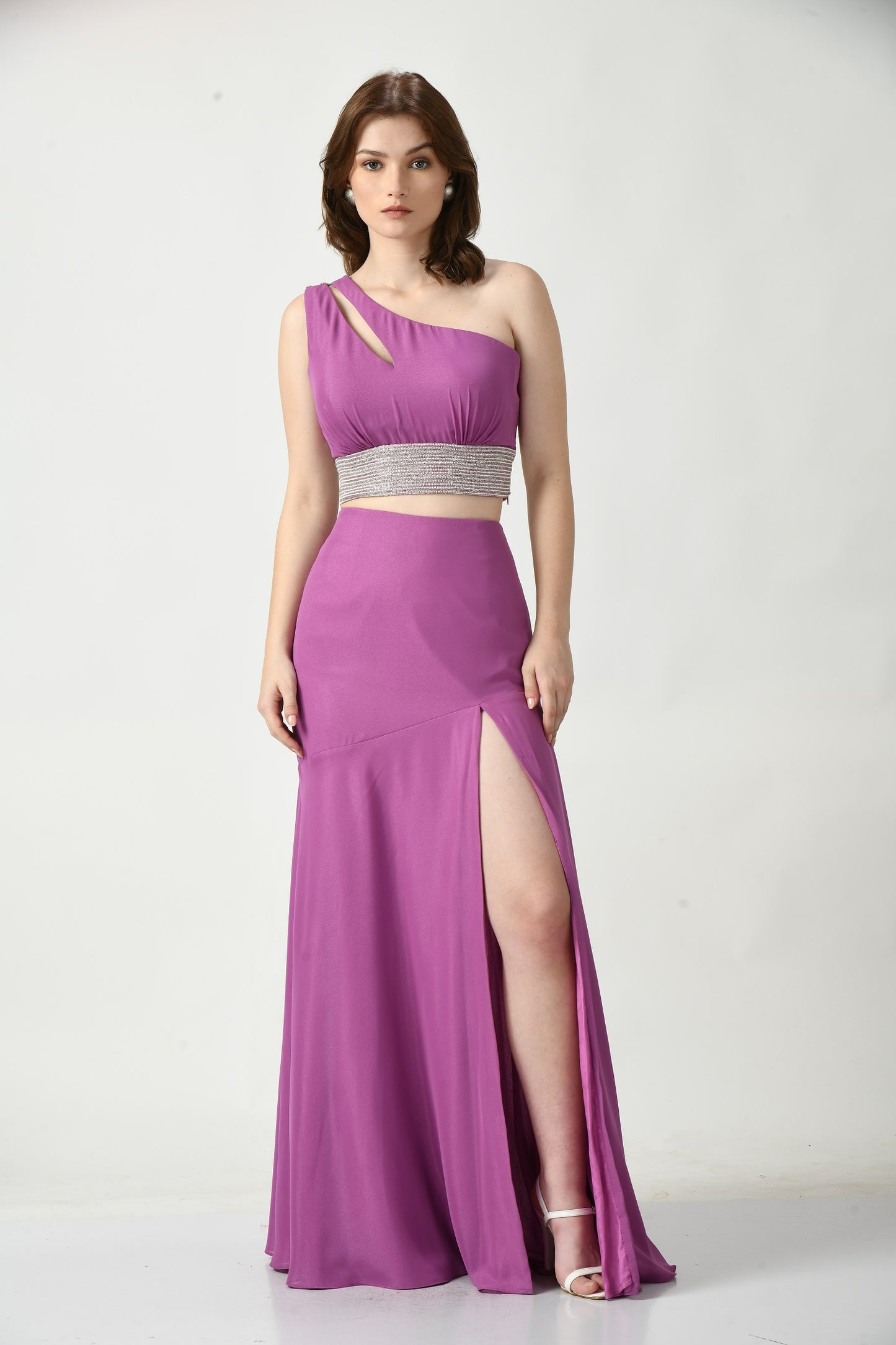 Cambria Mauve Satin Crepe One Shoulder Gown