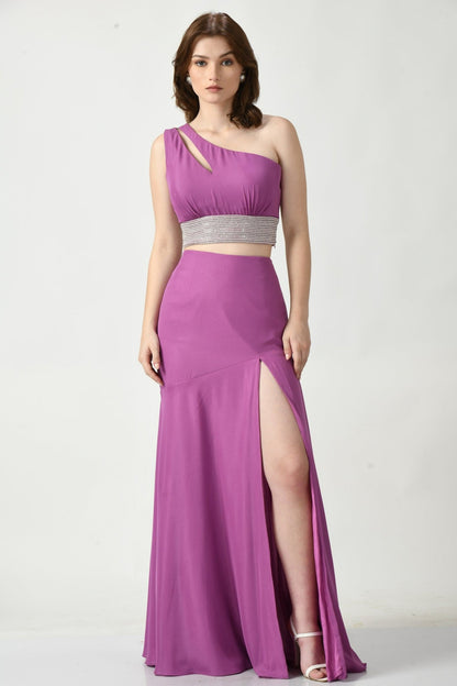 Cambria Mauve Satin Crepe One Shoulder Gown