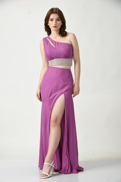 Cambria Mauve Satin Crepe One Shoulder Gown