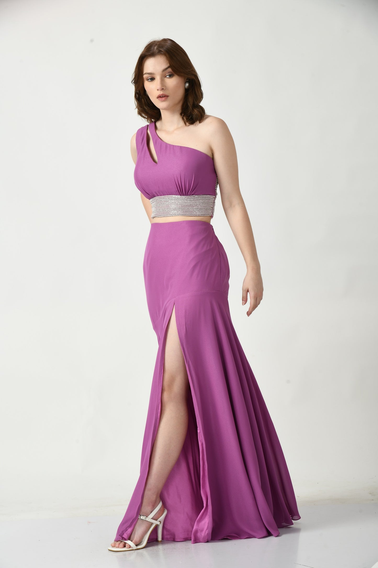 Cambria Mauve Satin Crepe One Shoulder Gown