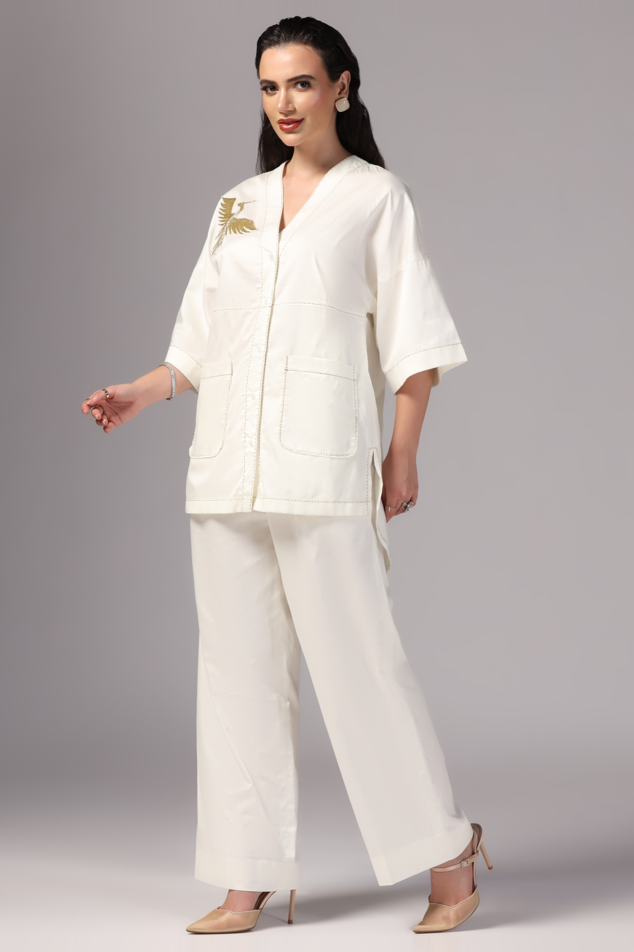 Cotton Co-ord Set Ivory Color with Hand Embroidery