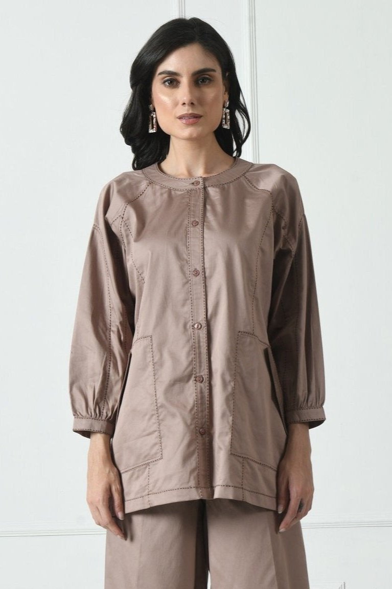 Cotton Shirt in Brown Color With Hand Thread Detailing