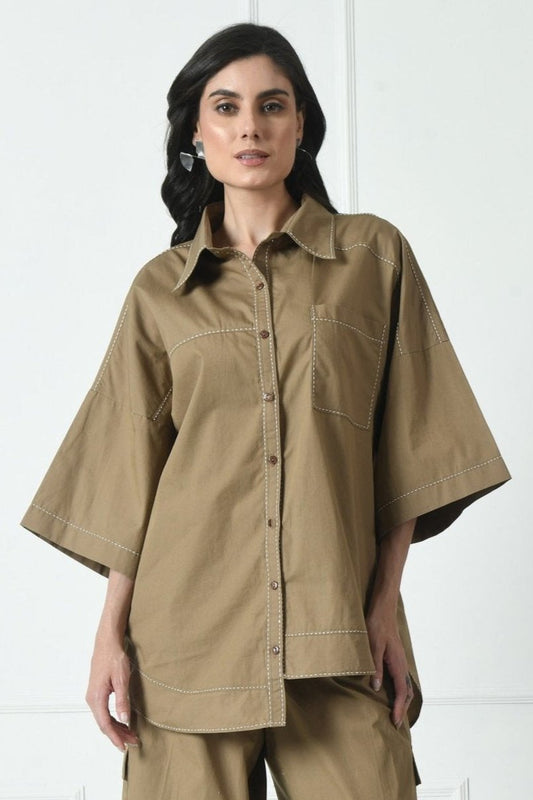 Cotton shirt in Brown Color With Hand Thread Detailing