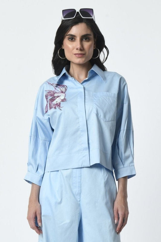 Cotton shirt in Sky Blue Color With Hand Embroidery