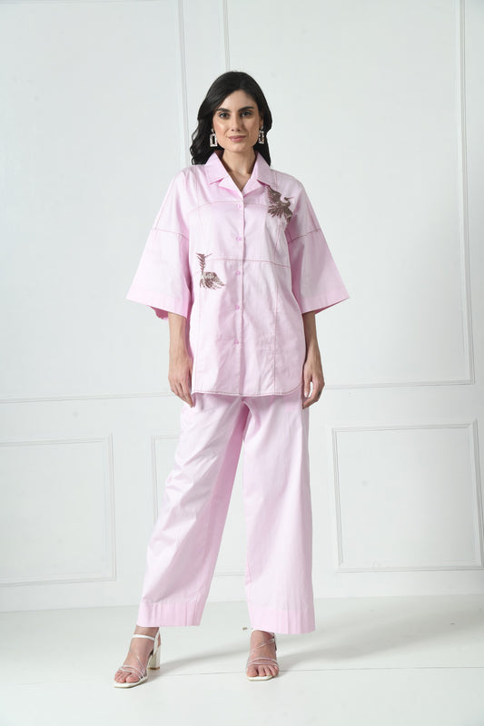 Cotton Coord Set with trouser  in Pink Color Color With Hand Embroidery Detailing at front