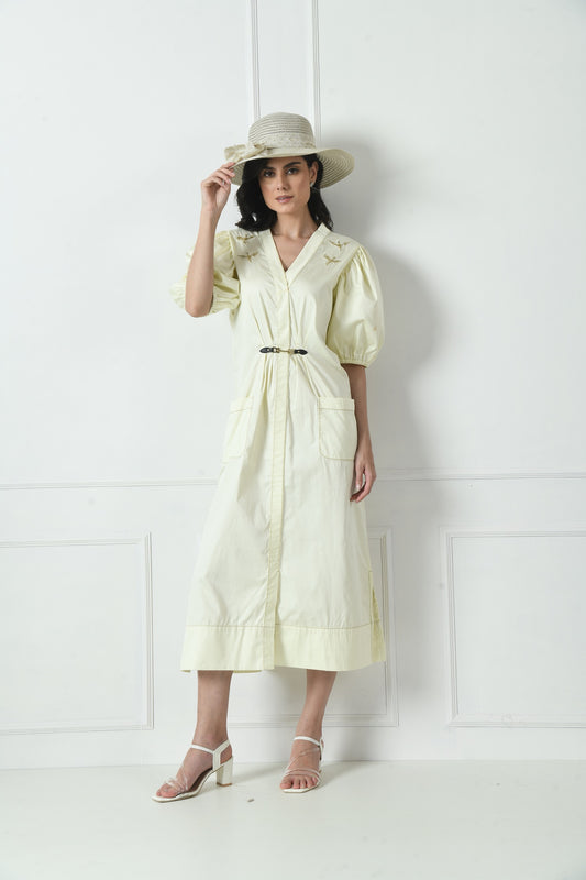 Stylish Cotton Dress in Ivory Color With Hand Embroidery & Thread Detailing