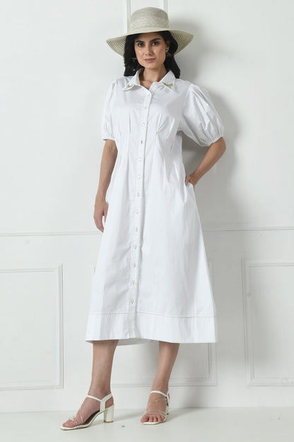 Cotton Dress in White  Color With thread Detailing