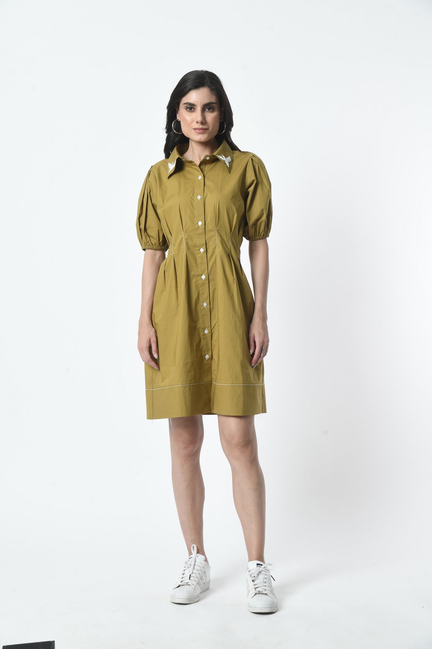 Cotton Dress in Olive color with hand embroidery detailing at back & Color with thread Detailing