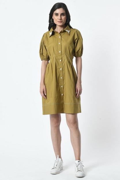 Cotton Dress in Olive color with hand embroidery detailing at back & Color with thread Detailing