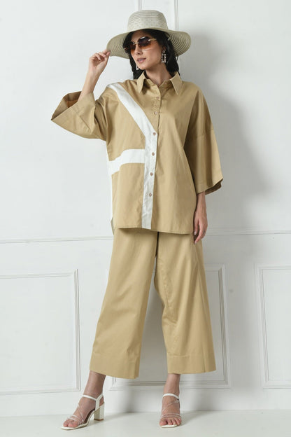 Designer Cotton Camel Co-ord Set - Color Blocking with Ivory color.