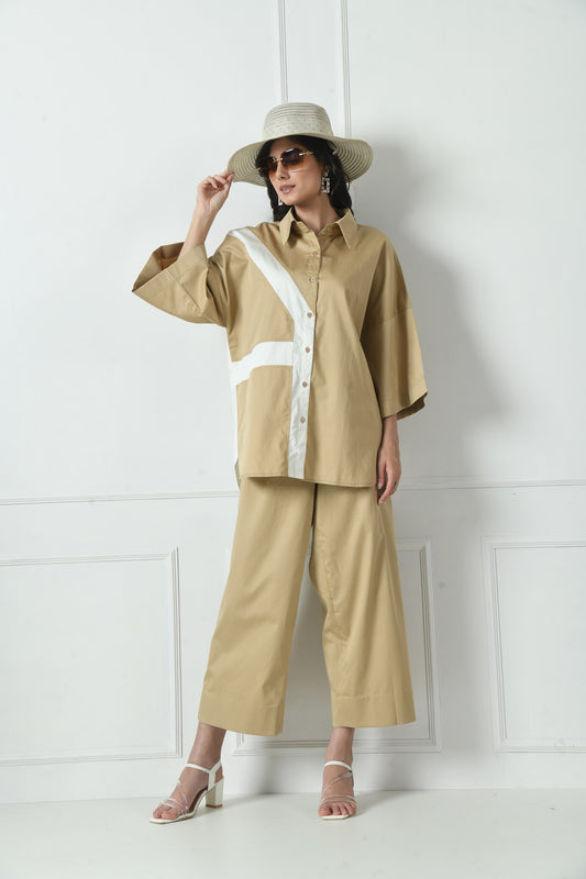 Designer Cotton Camel Co-ord Set - Color Blocking with Ivory color.