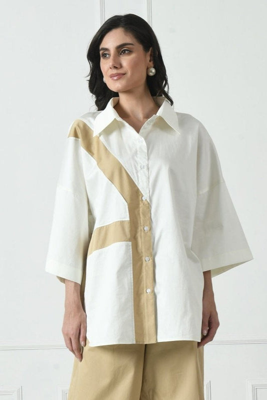 Cotton Designer Shirt - Blocking - Ivory & Camel Color