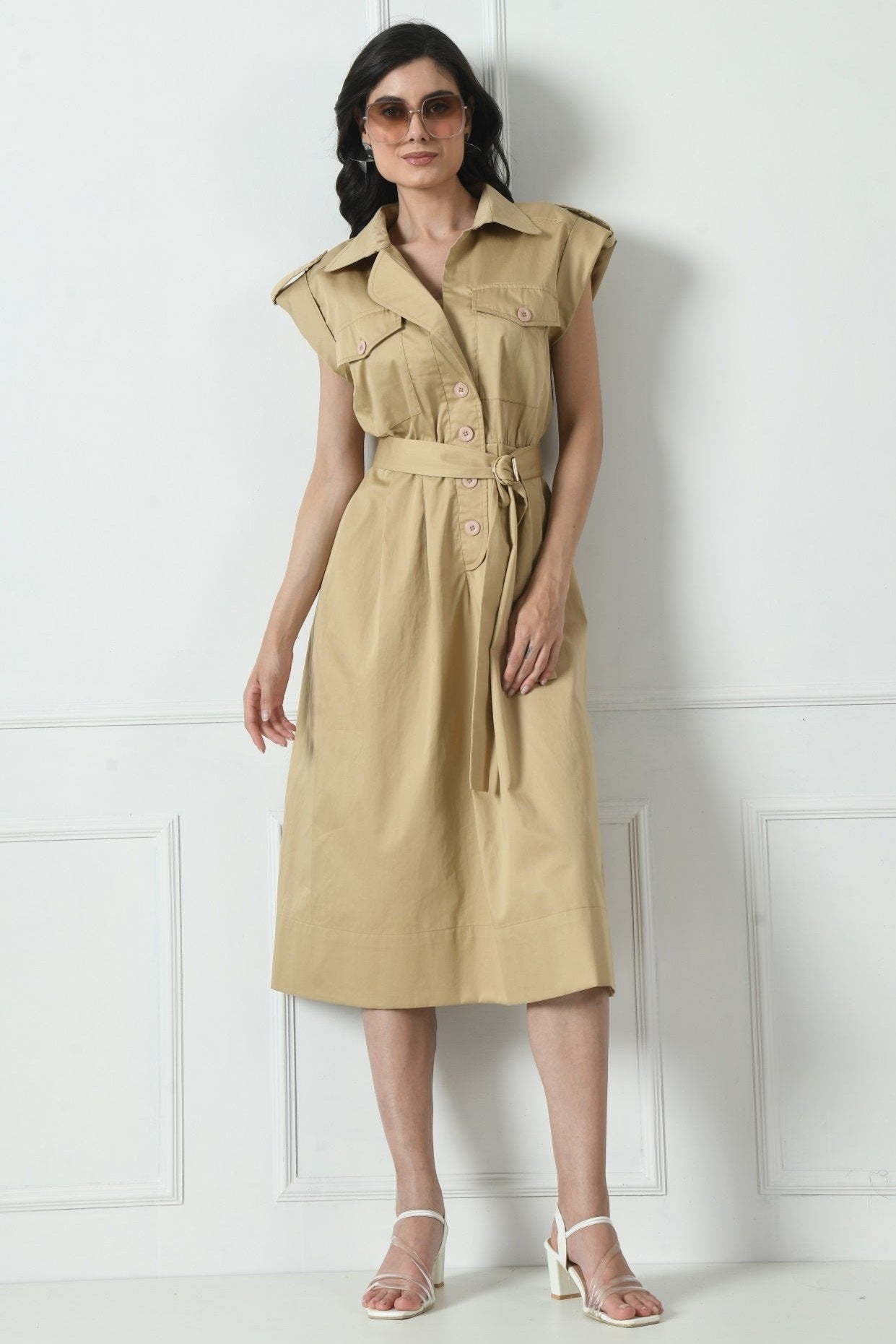 Cotton dress for ladies, Beige dress for women, Summer dress for women, Belted dress for ladies, Sleeve less Dress for women, Casual dress for ladies, work wear Dress for women, Western Dress for women's by sunanta madaan