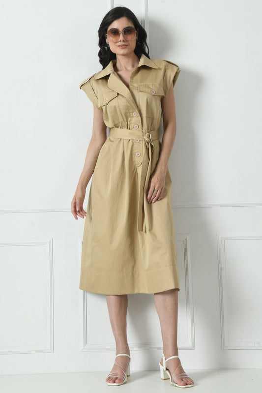 Cotton dress for ladies, Beige dress for women, Summer dress for women, Belted dress for ladies, Sleeve less Dress for women, Casual dress for ladies, work wear Dress for women, Western Dress for women's by sunanta madaan