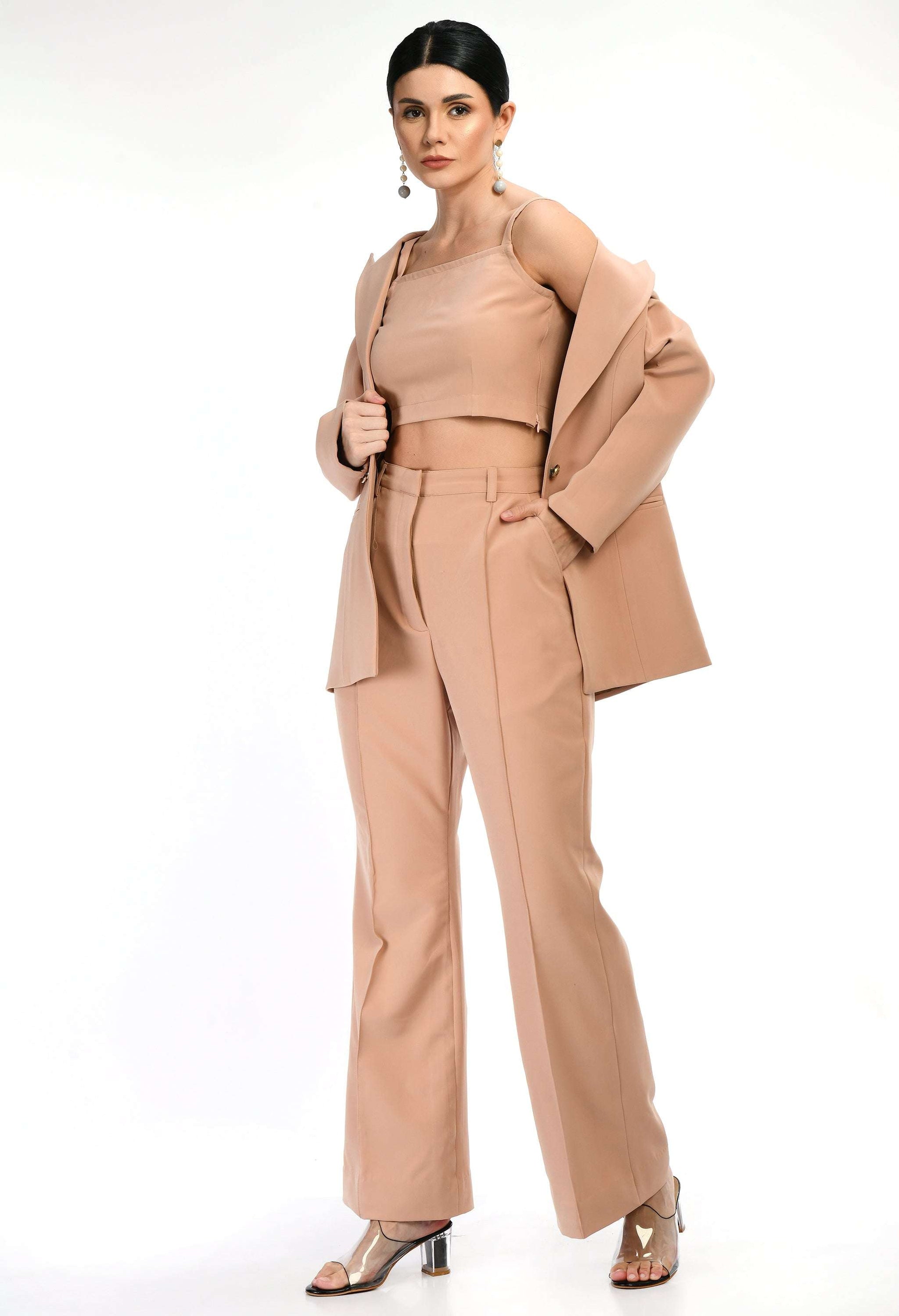 Beige Formal Blazer Set, Clothing Designer. Co Clothing, Blazer for Women, Designer Blazer, Crop Blazer, Blazer for Ladies, Near me, Trending, Bollywood style, celebrity, celebrity style, christmas, winter holidays, Corset, Formal Wear for ladies, Formal clothes for ladies, Formal wear for women in Gurgaon, Sunanta Madaan, Near Me