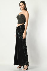 Metallic Lycra draped skirt, Sleeveless skirt set, Draped skirt for night out, Skirt set for events, Embroidered skirt set, Skirt set for weddings, Draped skirt evening wear, Near Me, Sunanta Madaan