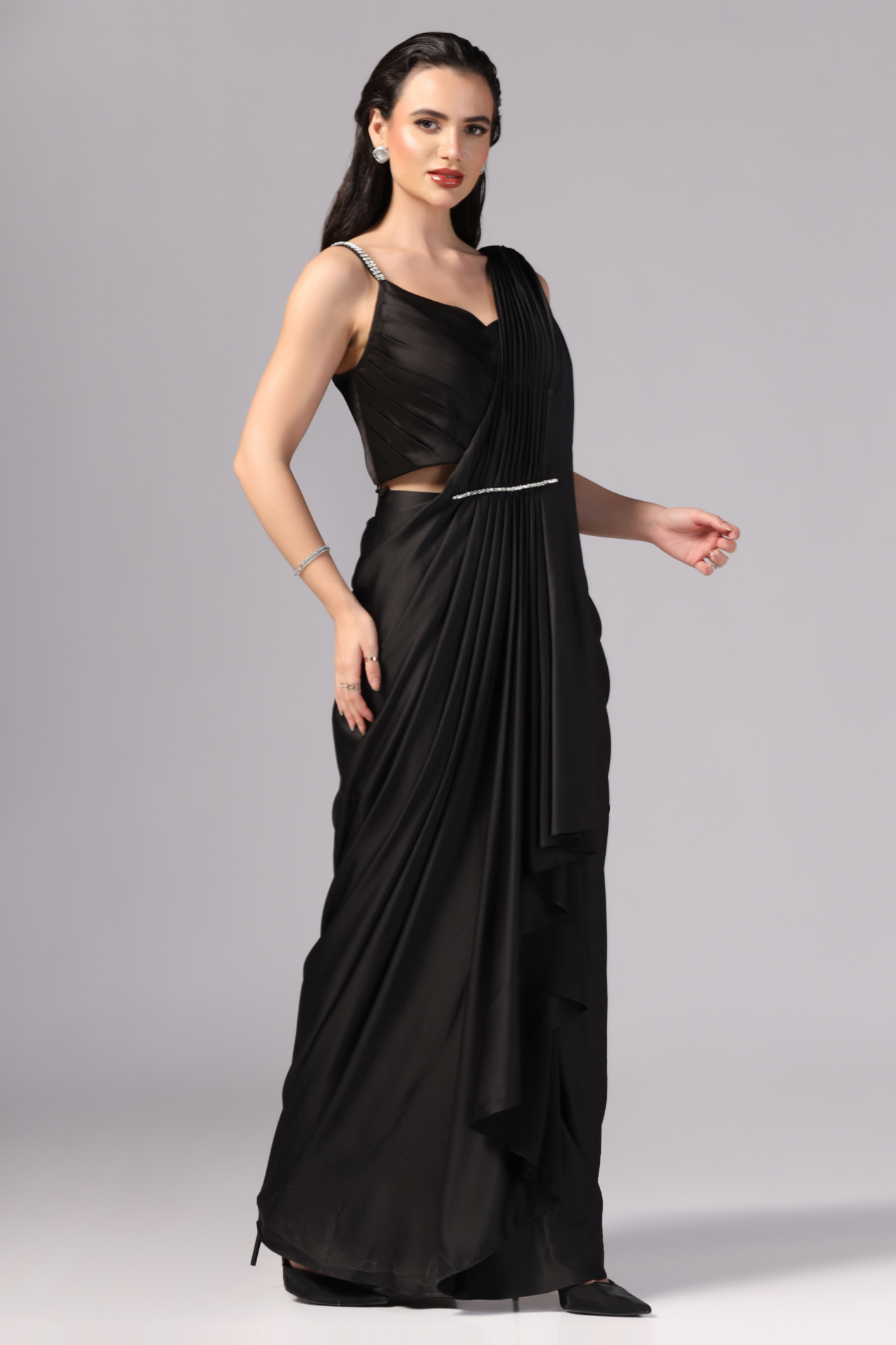 Black Draped Saree - Perfect for cocktail party wear for women - by Sunanta Madaan