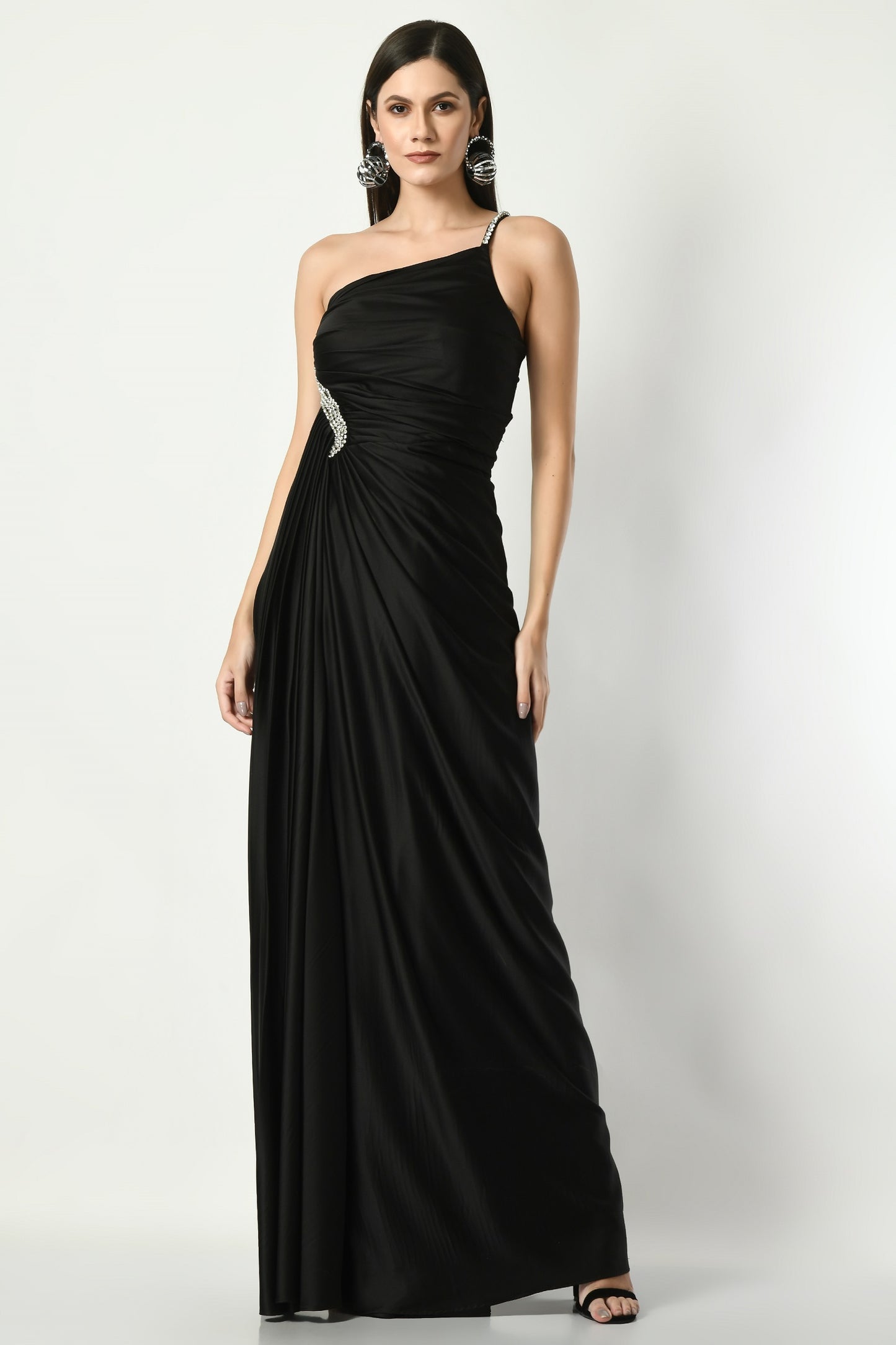Black Crepe Satin One-Shoulder Cocktail Saree Gown For Women XL Black Crepe Satin One-Shoulder Cocktail Saree Gown For Women XL
