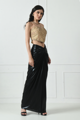 Indo-Western Skirt Dress, Skirt Dress in Black, Skirt dress for Women, Skirt with Crop Top, Sunanta Madaan; Sunanta Madaan – Black Indo-Western Dress with Golden Designer Top, Elegant Party Wear, Festive Indo-Western Outfit, Boho Indo-Western Dress, Indo-Western Fusion Wear, Indo-Western Attire for Engagement, Indo-Western Outfit for Sangeet, Indo-Western Draped & Embroidered Dress, Women’s Evening Dress, Mumbai, Delhi, Hyderabad, Bangalore, Pune, near me