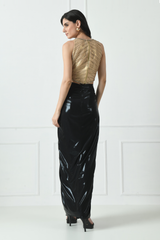 Black Skirt Dress with Golden Top by Sunanta Madaan – Elegant Indo-Western Outfit for Women | Designer Party Wear & Festive Dress | Stylish Evening & Wedding Guest Ensemble