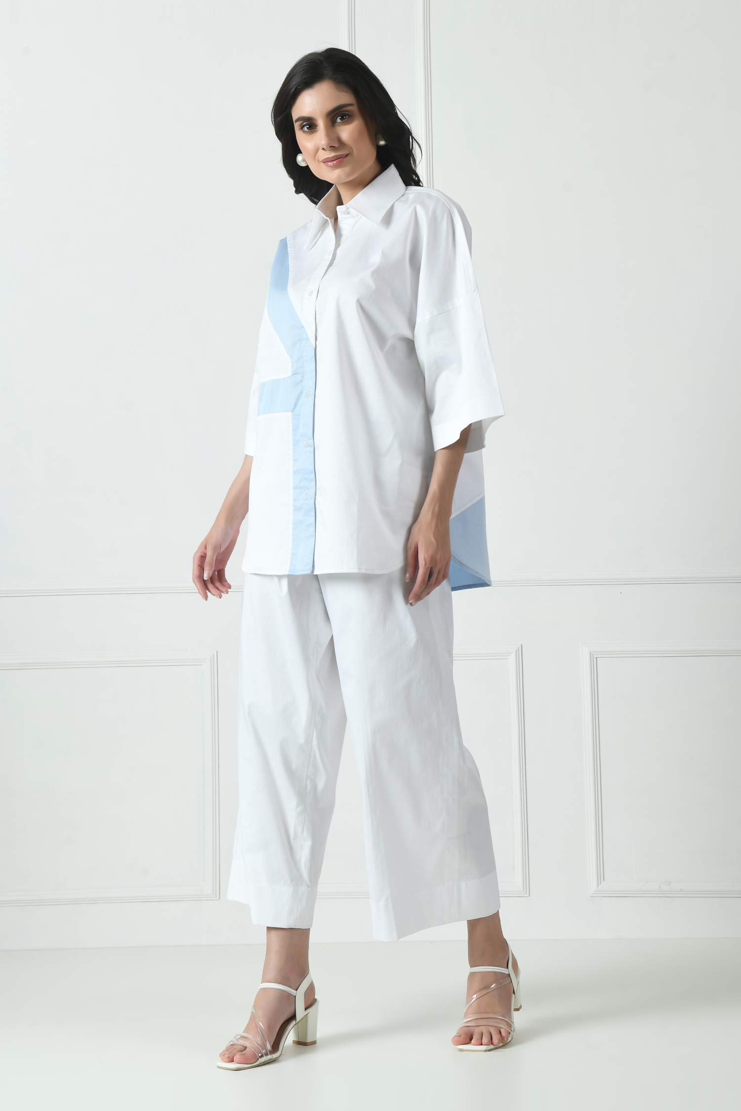 Two-piece co-ord set, White Coord Set, White Blue Coord Set, Coord Set with Trouser, Coord Set With Pant, Long Sleeve Coord Set, Coord Set for Women, Sunanta Madaan