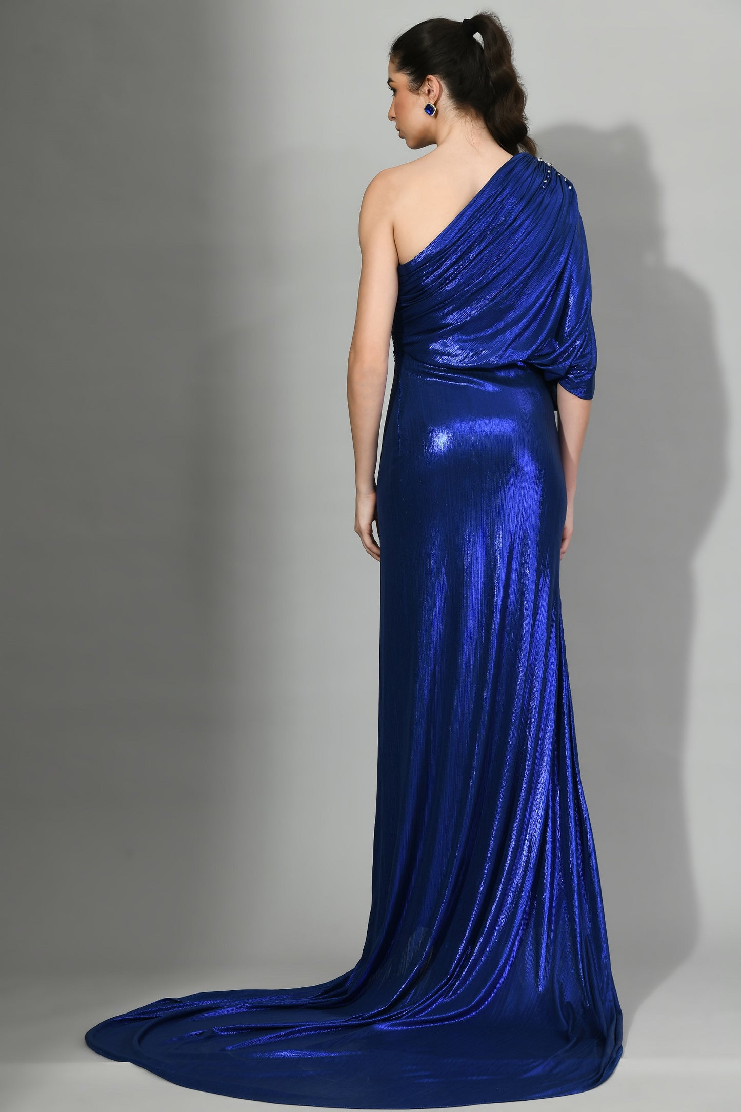 Galena Blue Lycra One-Shoulder Long Tail Gown