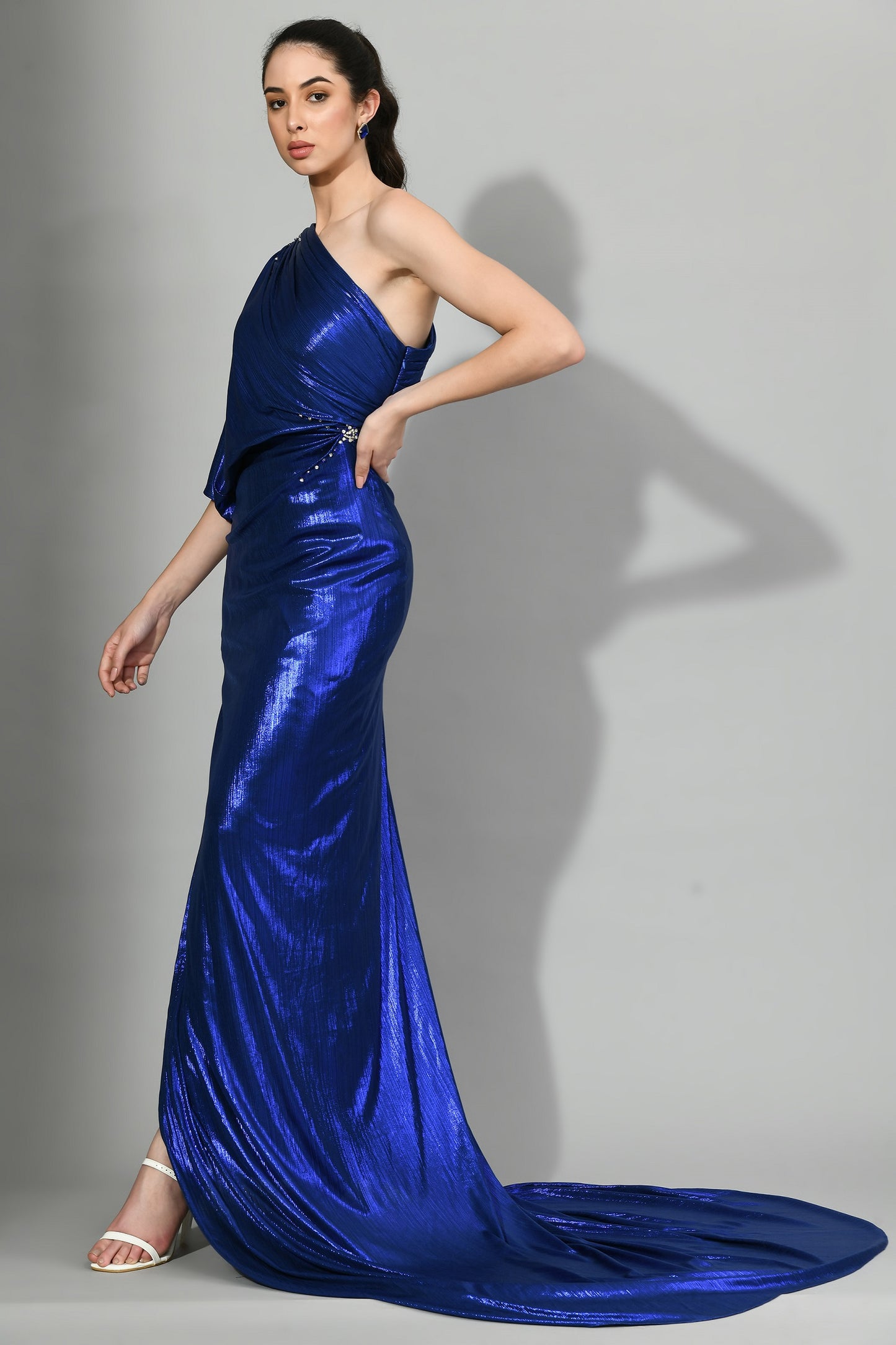 Galena Blue Lycra One-Shoulder Long Tail Gown