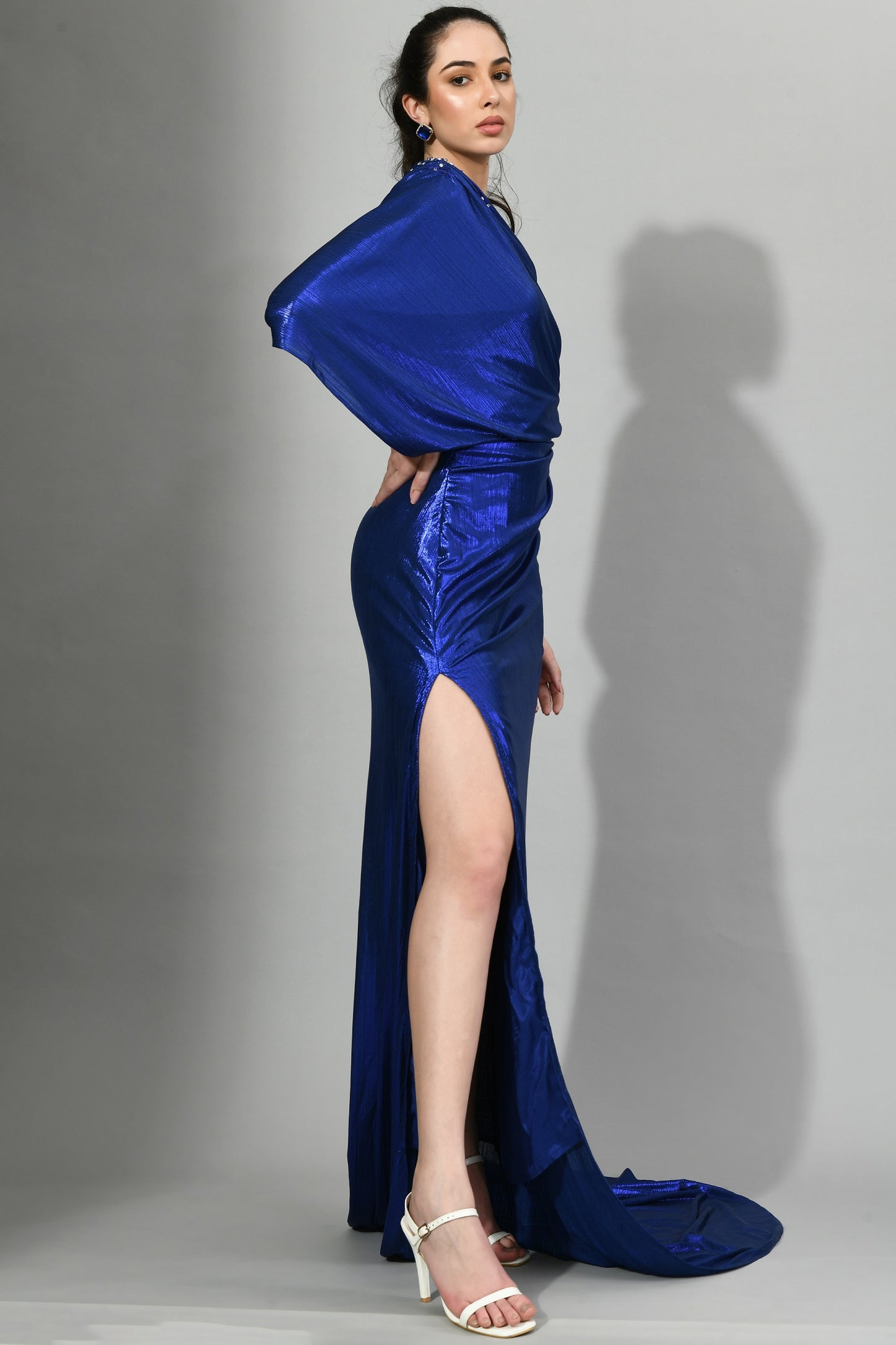 Galena Blue Lycra One-Shoulder Long Tail Gown