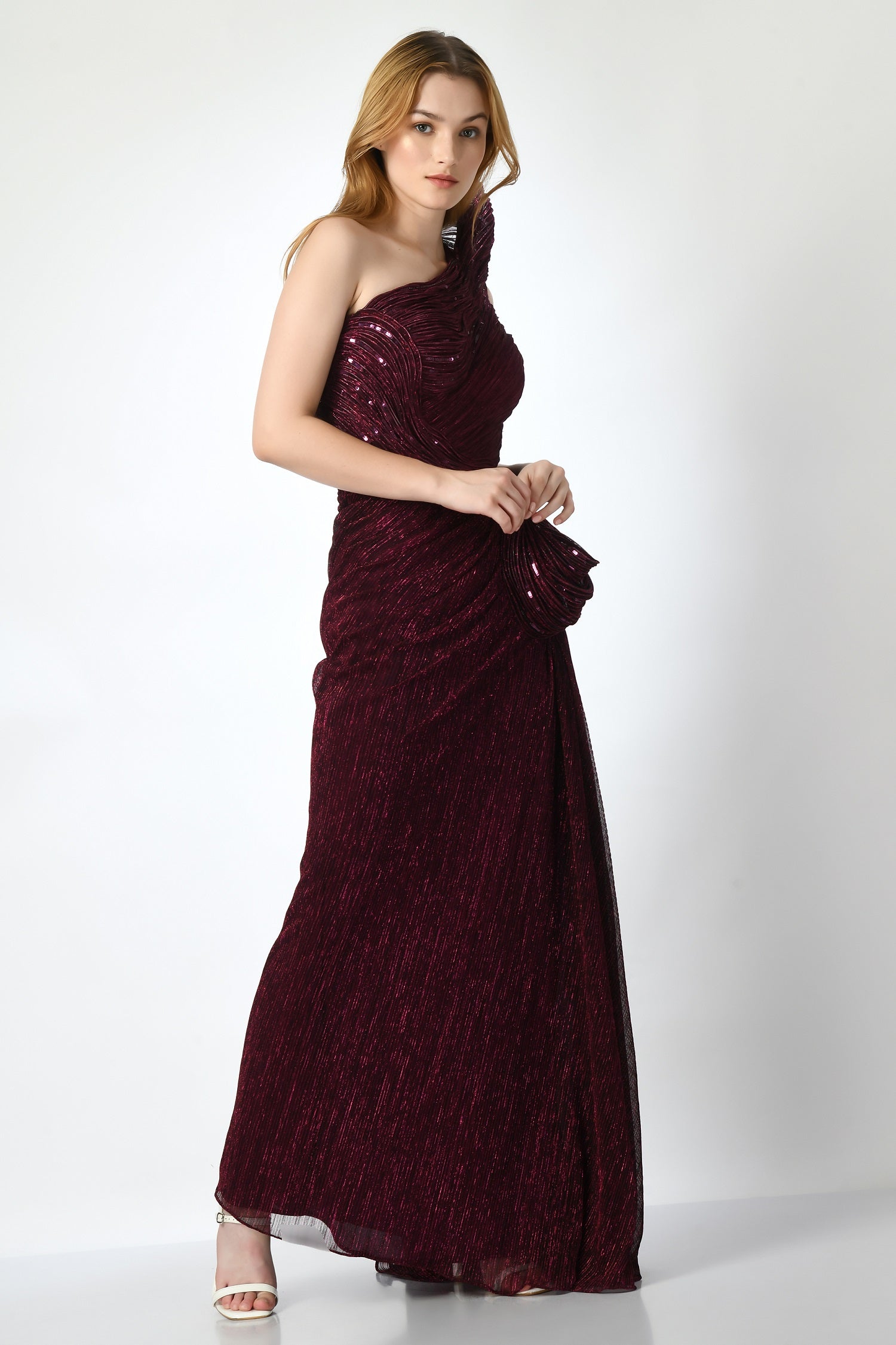 Cocktail dress for women, Cocktail gown for women online, cocktail gown new designs, Wine cocktail gown, Wine evening gown - discount on long gown, Shop Stylish Indo-Western Dresses for Women Online, Cocktail gown for women, Designer evening gown party wear, Cocktail dress for women by Sunanta Madaan, Wine cocktail gown for wedding reception in India, Designer wine cocktail dress online India, Wine color evening gown with sleeves India, Luxury occasion dresses, Red carpet evening gown India
