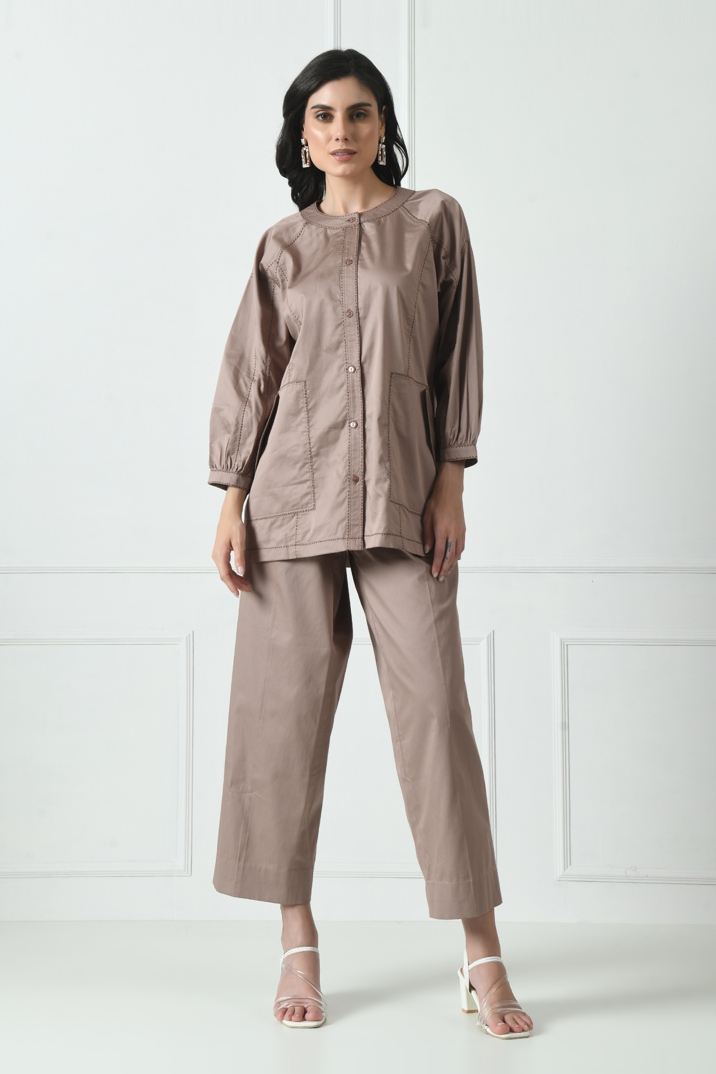 Co-ord Set for Women, Full Sleeve Co-ord Set, Trouser with Shirt in Brown for Women, Office Look for women, Casual Wear Coord Set for Ladies, Sunanta Madaan