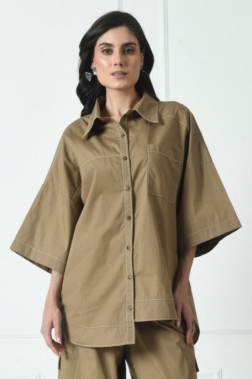 Brown color shirt for women, Pocket Shirt for women, Long Sleeve Shirt for women, High Low Shirt for women, Work Wear Shirt for women, Collard Shirt for women by sunanta madaan